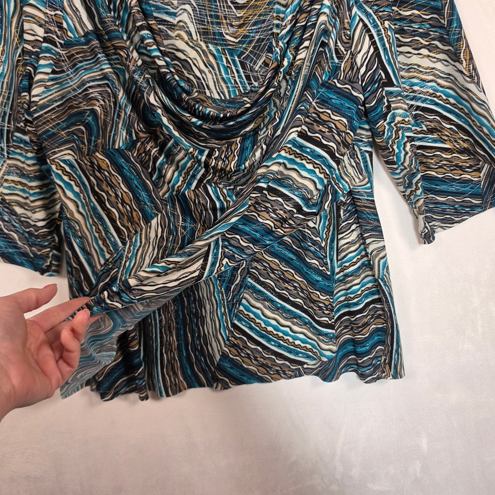 Dressbarn Blouse Womens 1X Blue Brown Abstract Swirl Boho Whimsical Metallic - Picture 8 of 13